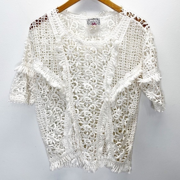 Anthropologie Baraschi Crochet lace Fringe short sleeve ivory cotton Top Sz S - Picture 3 of 8